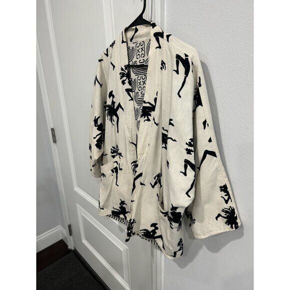 Pondicherry Tribal Reversible Open Front Cardigan Cream Black Southwestern - Picture 5 of 10